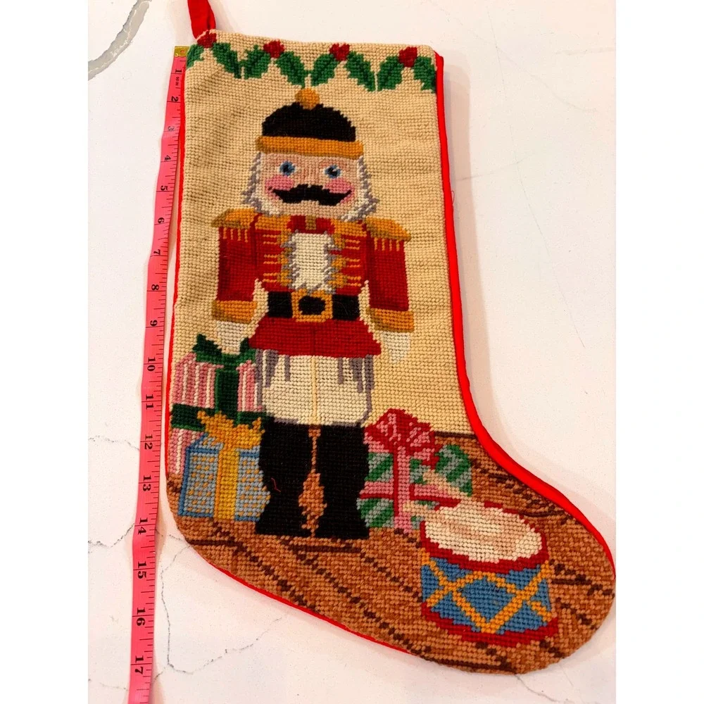 Vintage Needlepoint Christmas Stocking Red Nutcracker Wool Embroidery Holiday